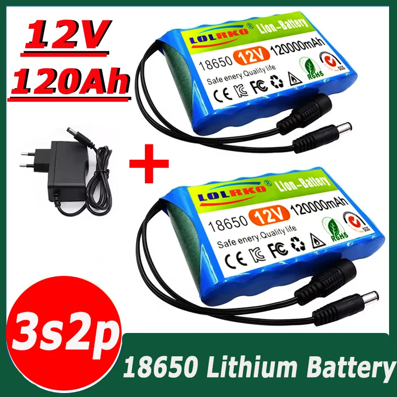 Portable large capacity lithium-ion battery BMS 3S2P 120000mAh 12V 18650 battery monitoring, audio, LED lights+charger