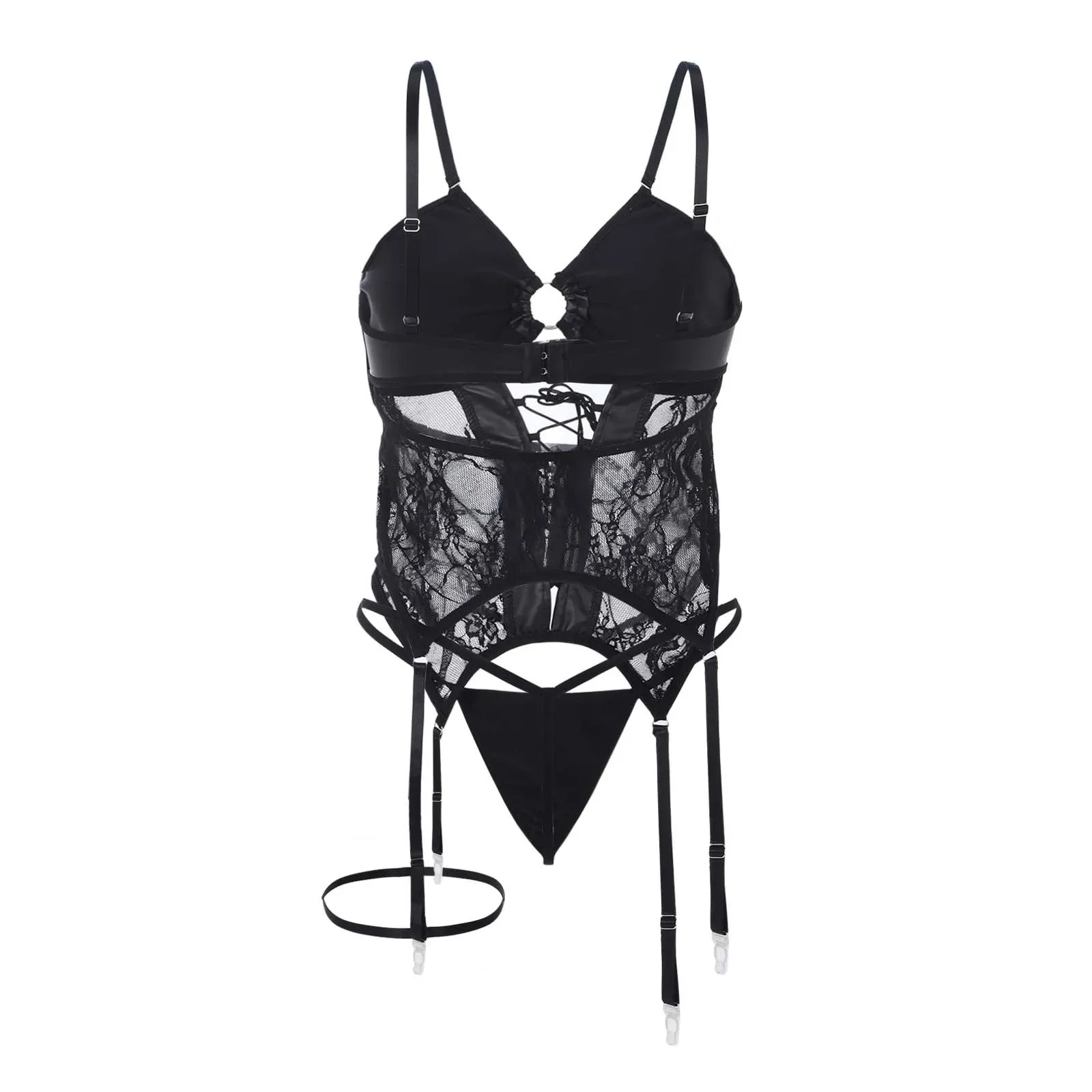

Lingerie For Women Sexy Leather Tulle See-Through Sheer Mesh Underwear Set Temptation Garter Belt Leg Loop Erotic Intimates