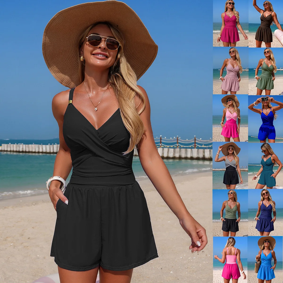 Summer 2026 Women's One-Piece Swimsuit Conservative Boxer Style Anti-Exposure Swimming Trunks with Pocket New Fashion Design