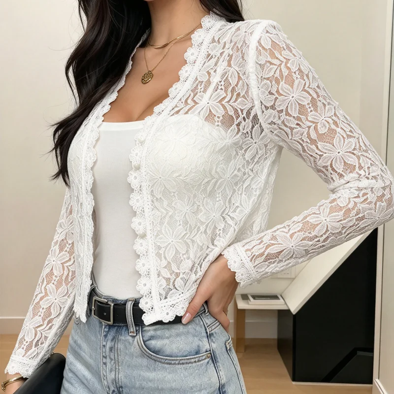 Women Lace Cardigan Long Sleeve Floral Cropped Shrug Scalloped Edge Sheer Mesh Open Front Short Lace Jacket Casual Daily Beach