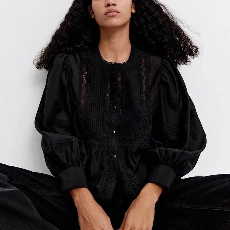 Lente 2025, dames Faion irt kanten rand lang Sve eenvoudige elegantie top Z polyestervezel pure kleur veelzijdige sle