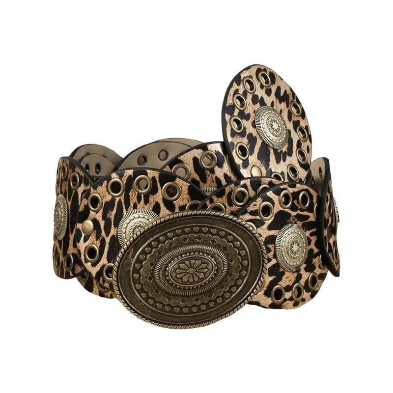 

652F Elegant Wide Belt Round Disc Leopard Pattern Belt for Dress Vintage Waist Decors