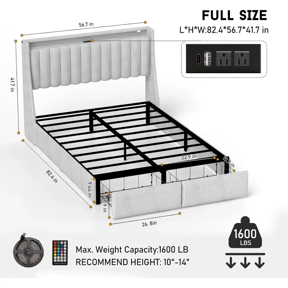 Full Size Bed Frame, Charging Station, Storage Headboard and LED Lights, Remote Control, Noise-Free, Bed Frame