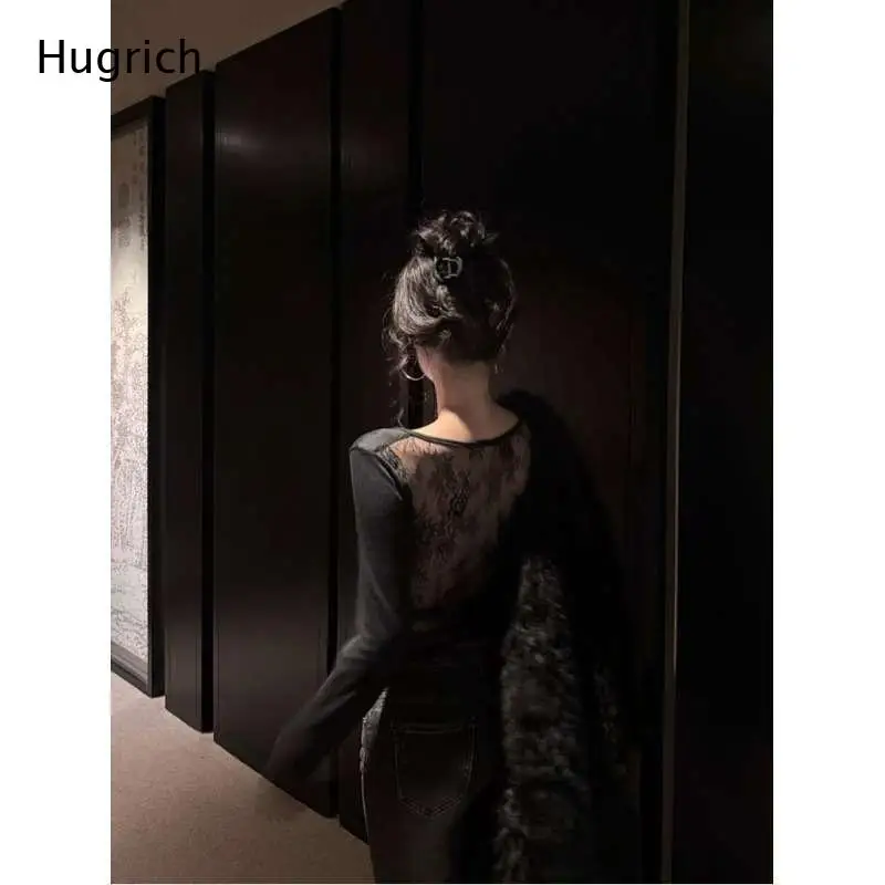 Women's Sexy Lace Back Long Sleeve Top - Slim Fit V Neck Sheer Mesh Splice T-Shirt for Autumn Winter Party Clubwear Night Out