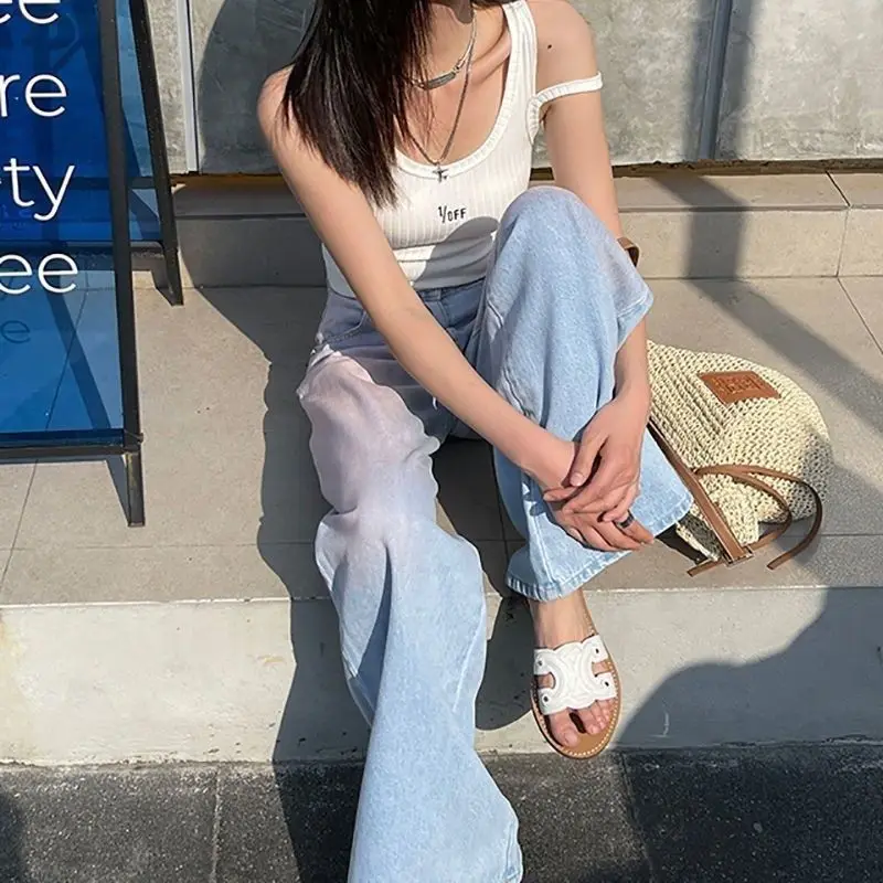 청바지 여자 그라디언트 봄 여름 느슨한 스타일 높은 허리 패션 캐주얼 새로운 패션 여성 청바지