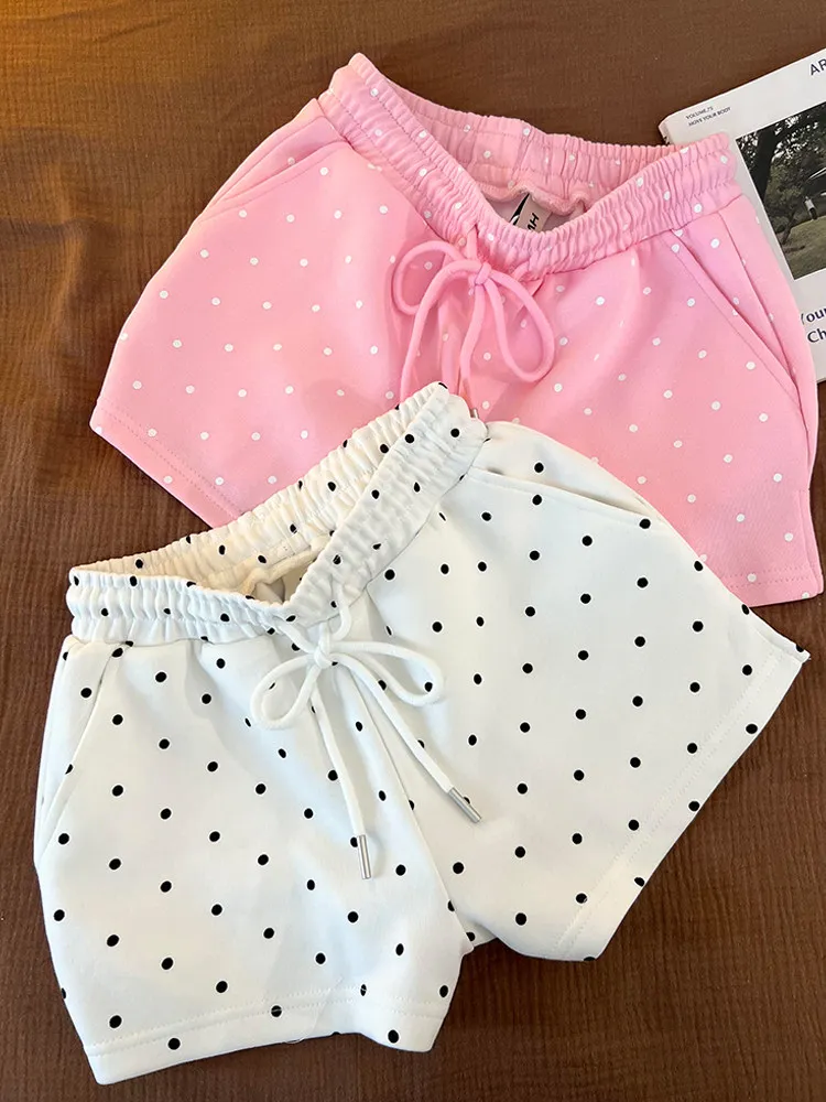 Summer Sweet Polka Dot Women Shorts 2026 New Korean Style Elastic Waist Lace Up Casual Shorts Loose Versatile Sports Shorts