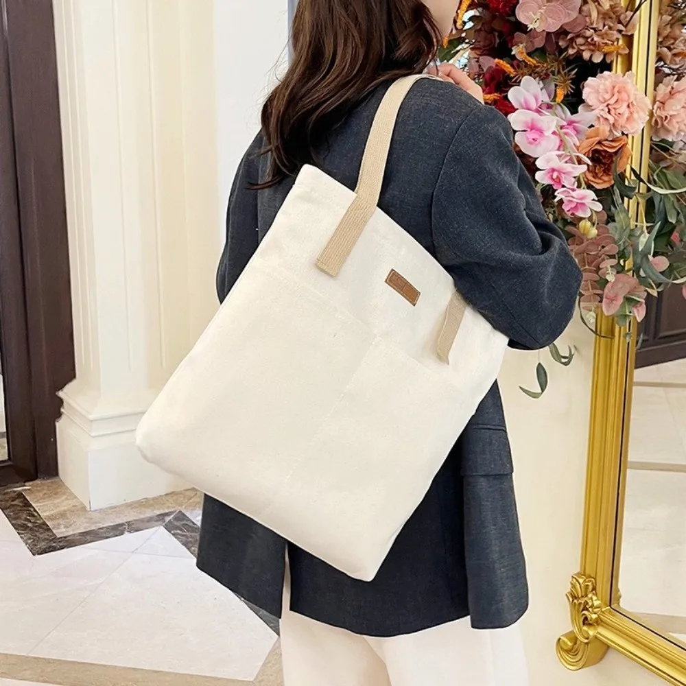 Practical Large Capacity Canvas Handbag Solid Color Fabric Shopping Bag High Quality Reusable Design Shoulder Bag Books Carrying