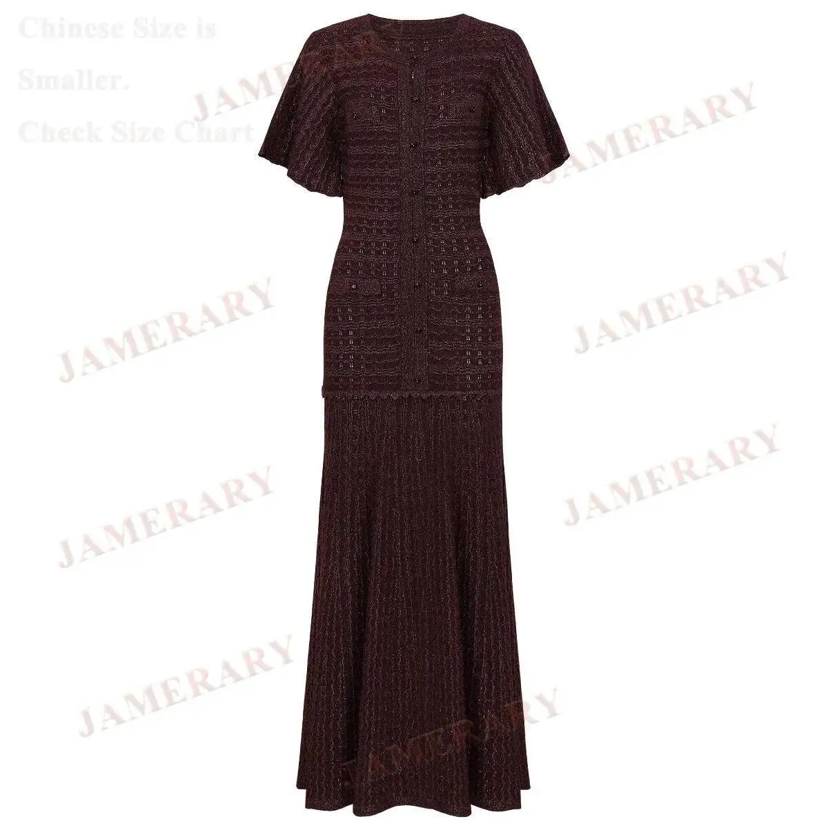 

High-Quality Summer Sweater Knitted Dresses Women Short Sleeve Knitwear Hollow Out Pearl Button Sequin Long Dress Sheath Vestido