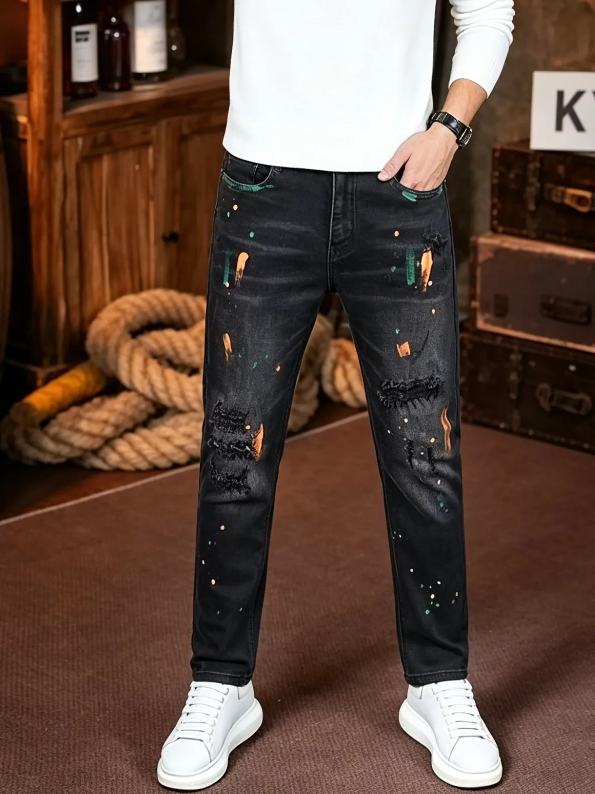 【HME】Men's Jeans | Ripped Straight‑Leg Denim Pants With Back Elastic Waist, Men Black Faded Graffiti Paint‑Splatter Denim Jeans, Frayed Destroyed Male Denim Trousers, Classic Five‑Pocket Construction, Comfort Streetwear Denim Bottoms For Men