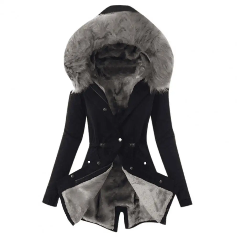 Women Jacket Fluffy Drawstring Pocket Hooded Solid Warming Coat for Dating