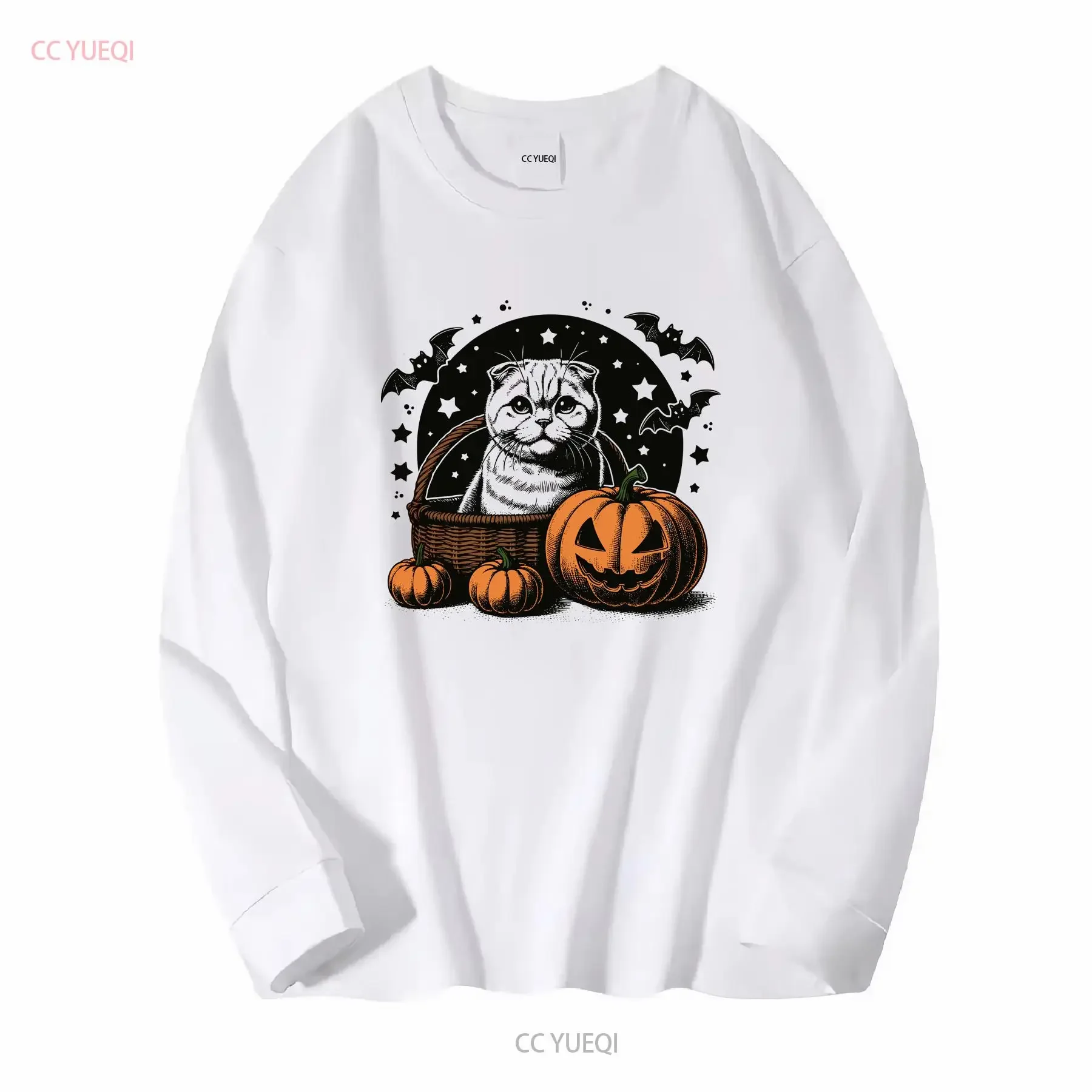 Halloween Pumpkin CaT T Shirt Scottish Fold Cute Owner Spooky Season Fall long or short sleeves vintage Washed Casual homme