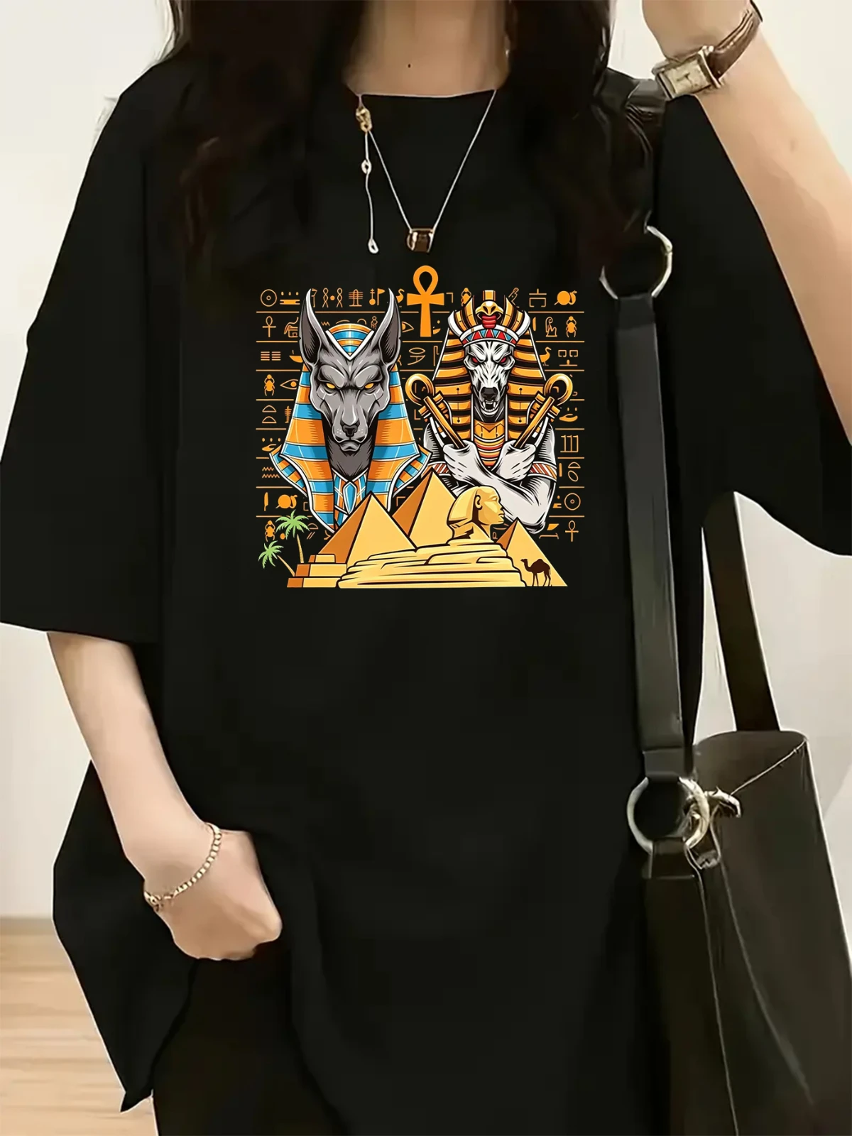 Ancient Egypt Anubis Themed Trendy Printed T-shirt - Women's Casual Round Neck  Top A Must-have for Spring and Summer Fashion