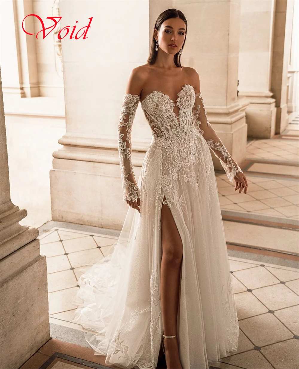 فستان زفاف من التول الأبيض مخصص بدون حمالات وأكمام قابلة للانفصال لحفلات الزفاف مثير بأربطة من الخلف رداء de mariée