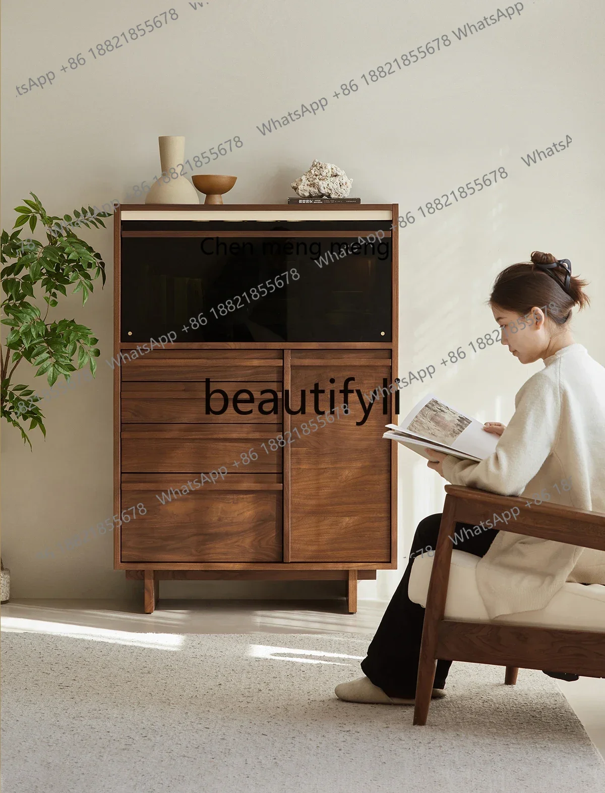 N178 Black walnut display cabinet, living room against the wall storage cabinet, small apartment retro flap door dining side cab