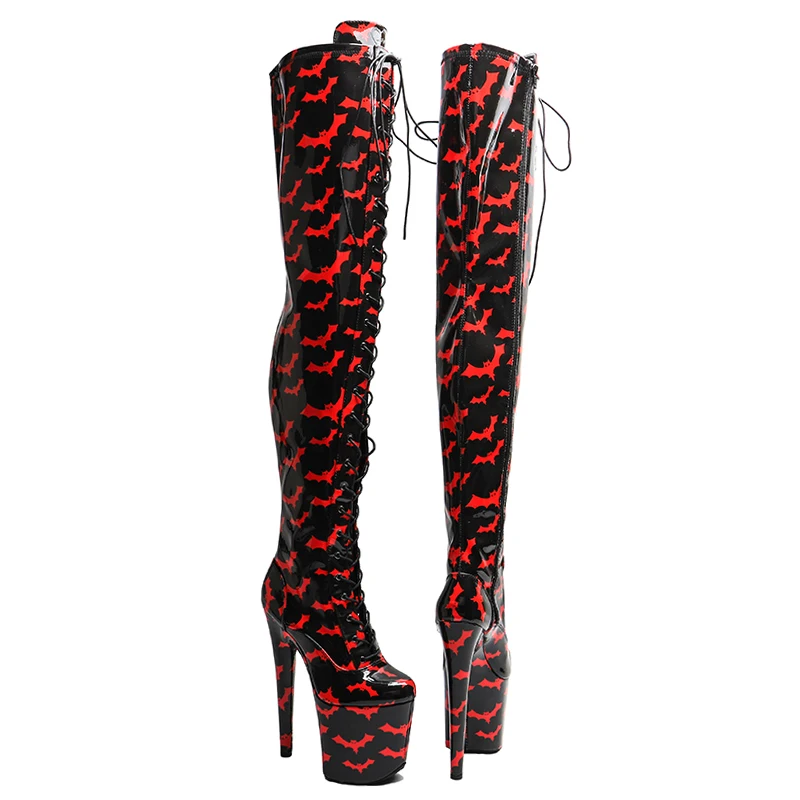 Leecabe 20CM/8Inch Patent Upper Bat Pattern Platform High Heels Platform Disco Party Shoes Thigh High Boot Pole Dance Boot