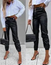 Pu Leather High Waist Cuffed Long Pants Casual Casual New Fashion Bottoms for Women 2024 New Female Clothes Trousers outfits