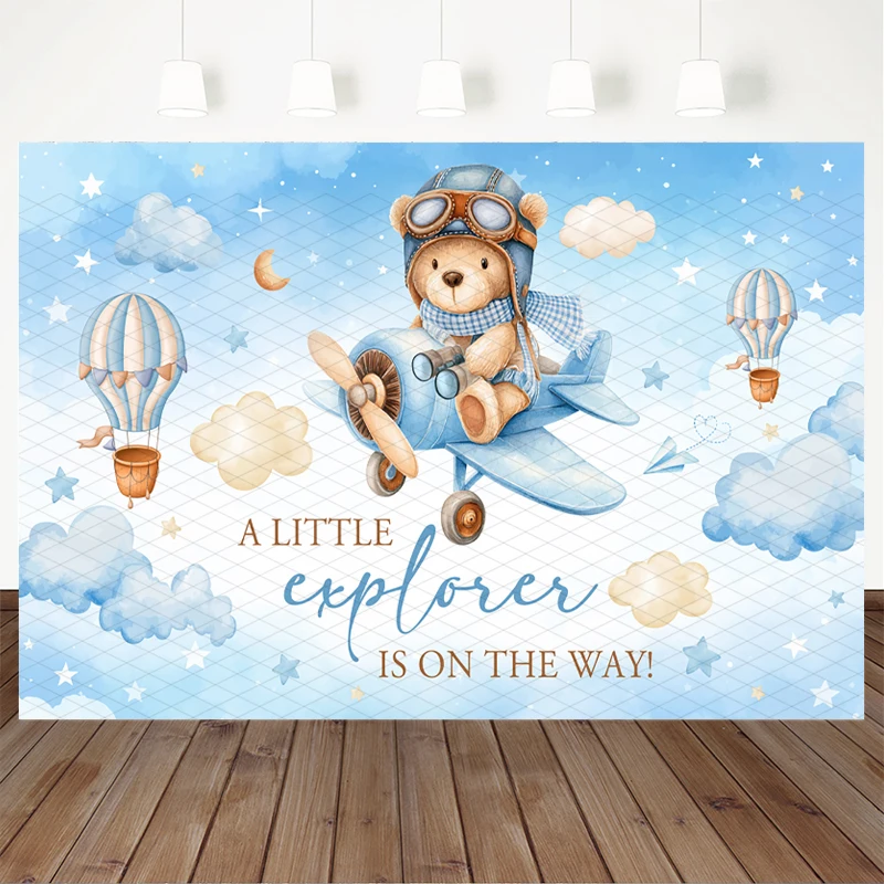 Mocsicka A Little Explorer Is On The Way Backdrop Blue Sky Airplane Bear Photography Background Baby Shower Boys Decors Banner