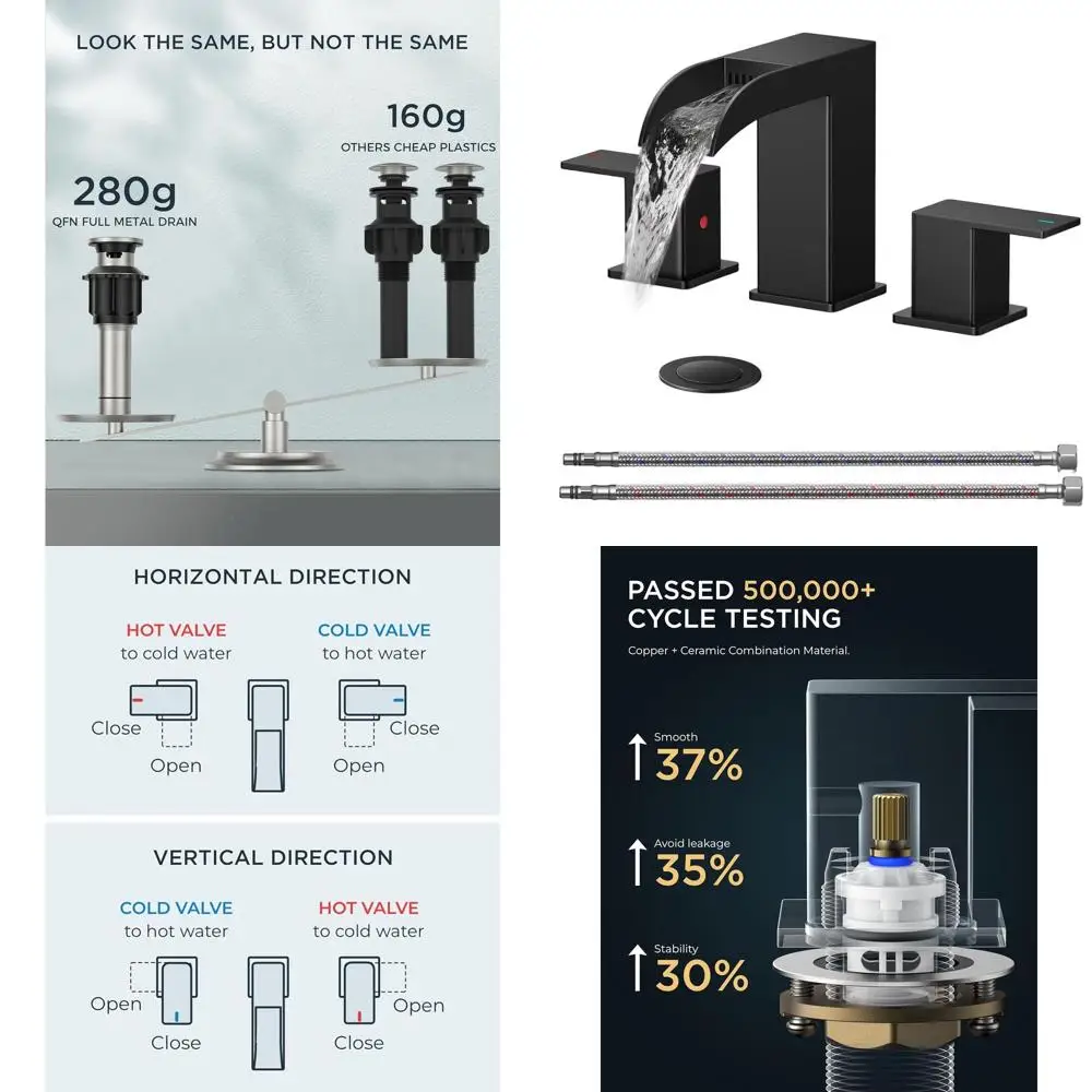 

8 Widespread Waterfall Square Sink Faucet with Metal Pop-Up Drain, 3-Hole, Two-Handle for Vanity or Lavatory