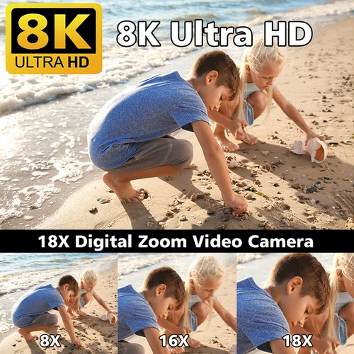 Imagen 2 del producto Cámara de vídeo HD 8K, pantalla táctil LCD de 3 pulgadas, grabadora de cámara con Zoom Digital 18x, videocámara de grabación portátil Ultra HD WIFI