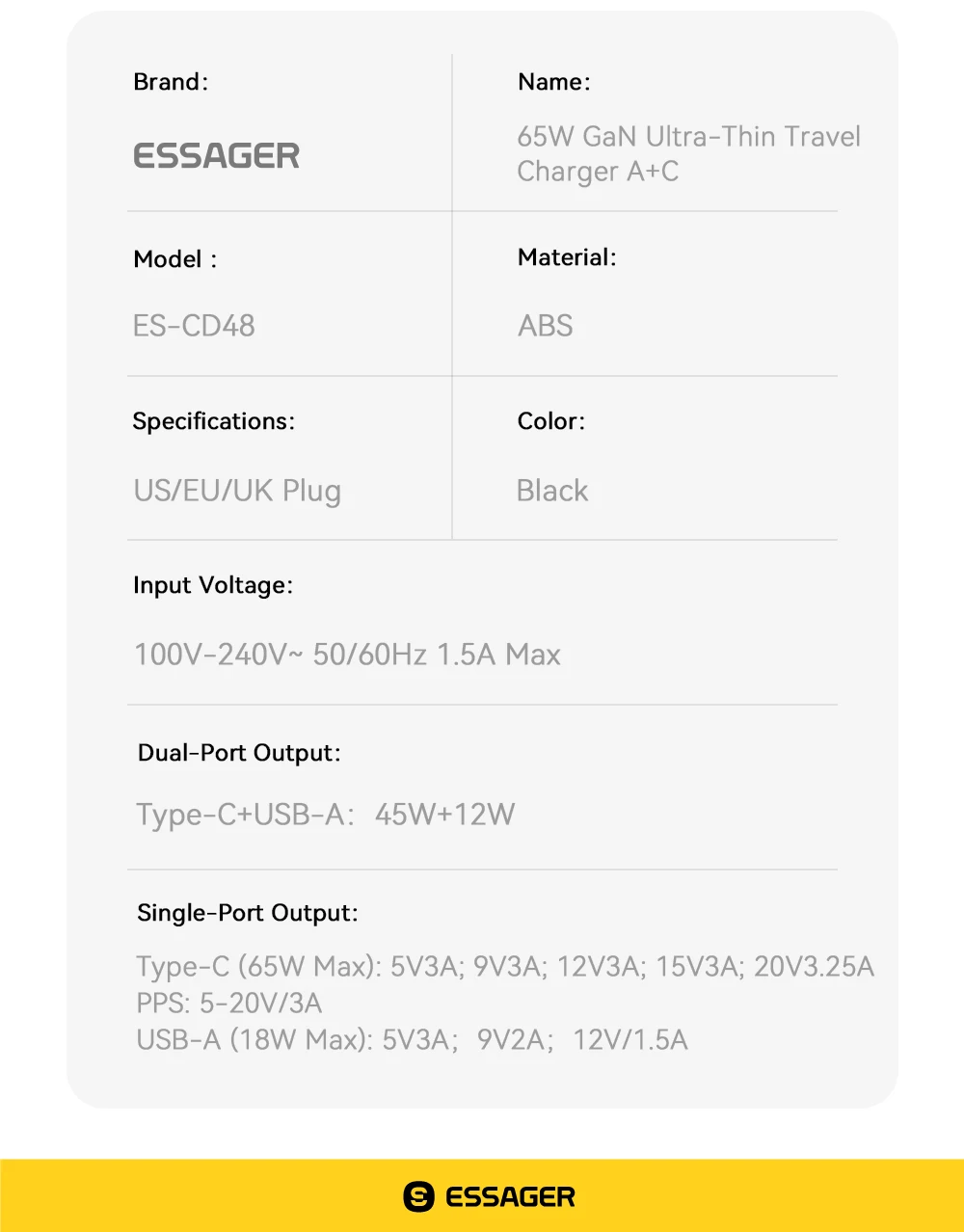 Essager Slim 65 W GaN Reiseladegerät USB A Typ C Tragbares Ladegerät Klappbares Schnellladegerät für iPhone 17 16 Samsung MacBook Laptop – Detail 15