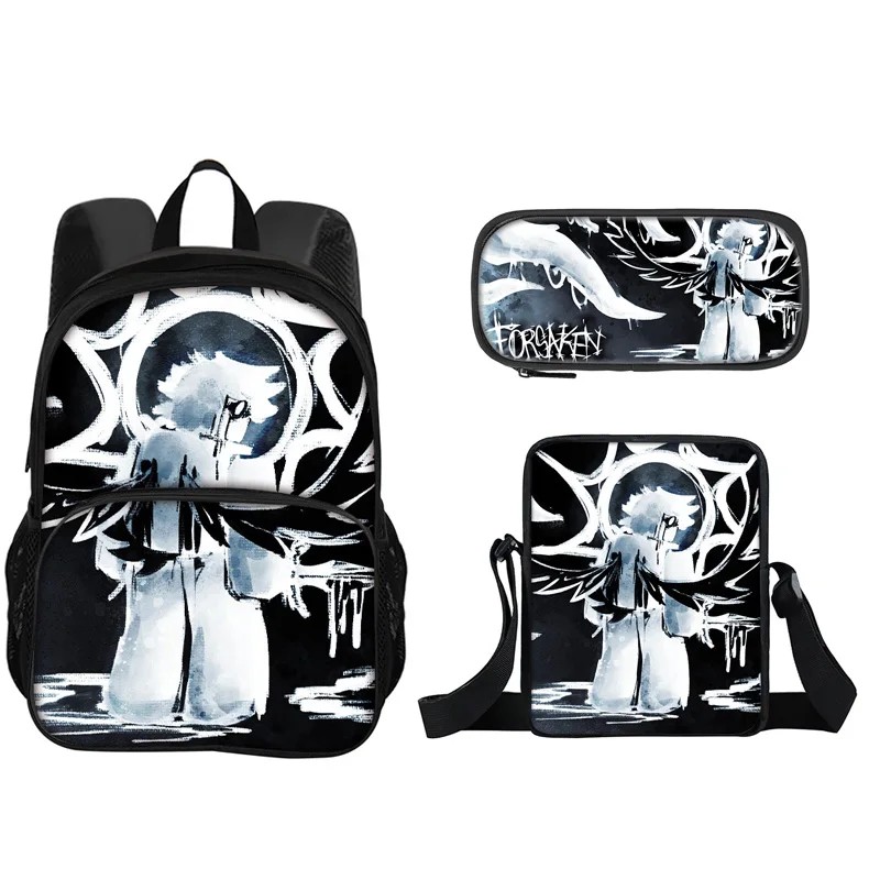 Forsaken 3Pcs Set with Front Pocket Backpack School Bag  with Shoulder Bag Pencil Case Lightweight Large Capacity Multi-function
