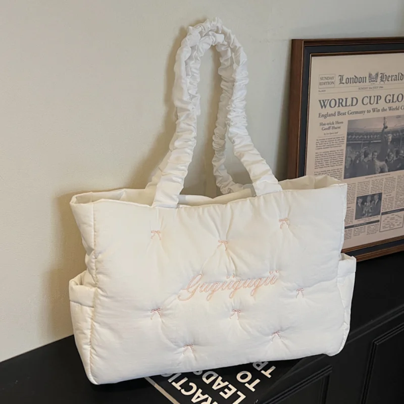 

Korean Ruched-strap Tote Bag Embroidered Stylish Versatile Large-capacity Shoulder Bag Effortlessly Casual Soft Shopping Bag
