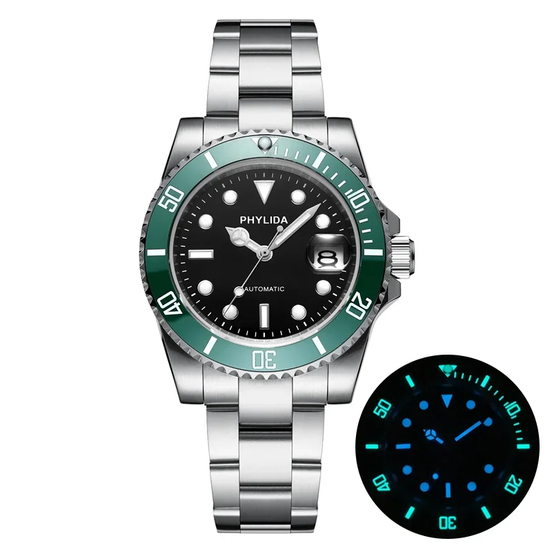 

PHYLIDA 10ATM 100M Water Resistant 40mm Men's Black Dial Green Sub Diver Watch Automatic MIYOTA Mov't Sapphire Crystal Homage