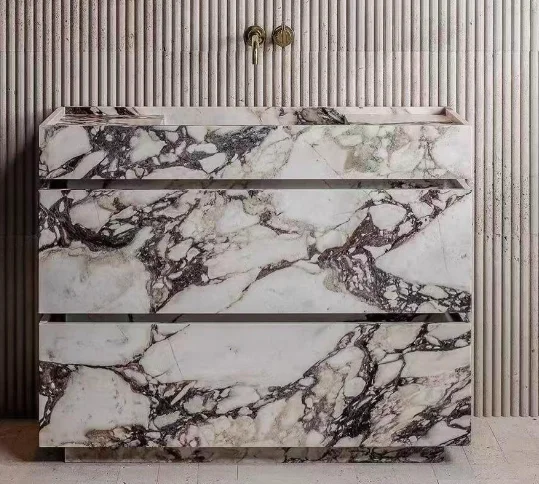 Mueble de baño de mármol Viola Calacatta rectangular de piedra Natural de lujo, tocador con lavabo y cajón contenedor