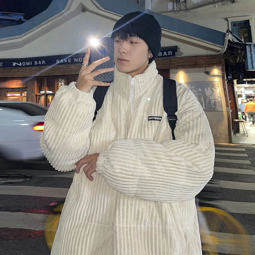 

Утепленная вельветовая хлопковая куртка для мужчин: зимняя теплая куртка с воротником-стойкой, молодежная модная брендовая пуховая куртка свободного кроя