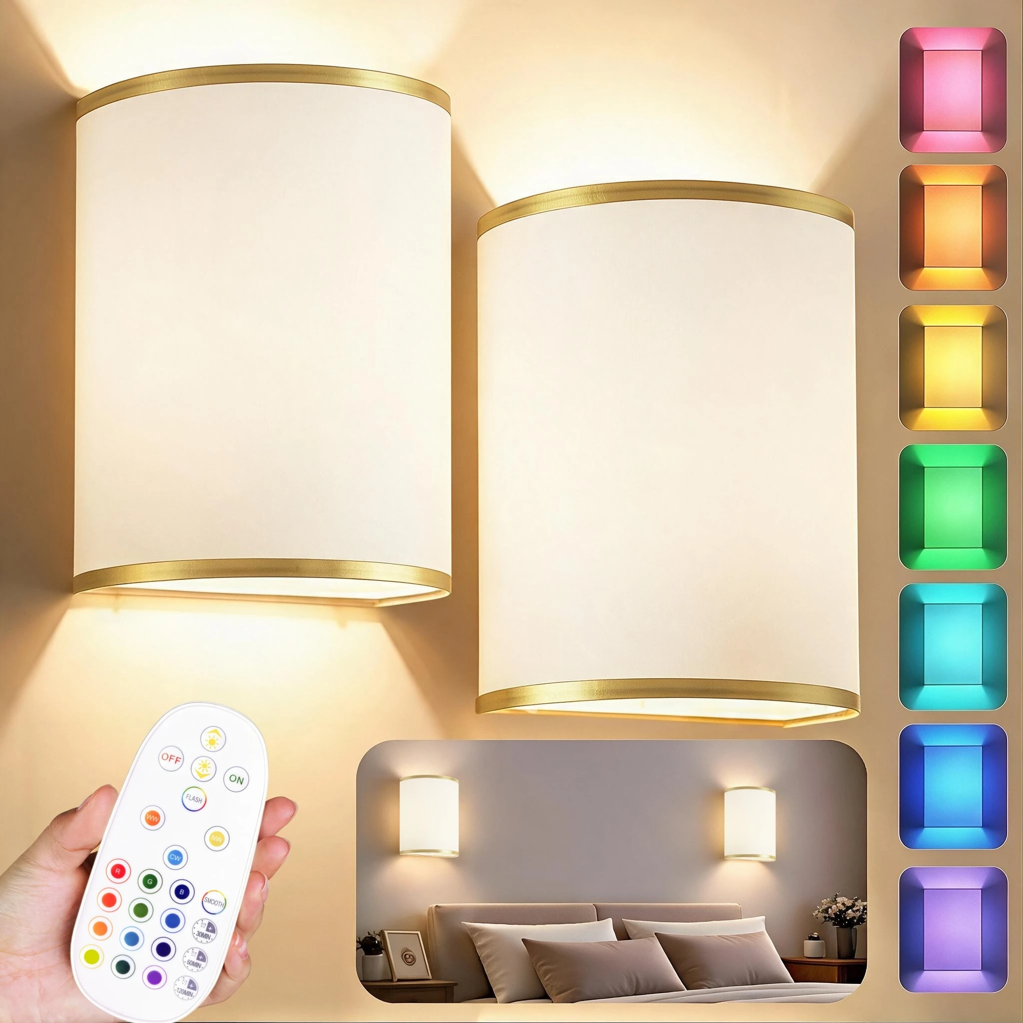 Battery-Powered Wall Light, Rechargeable Wall Light with Remote Control, 3 Colors and 12 Rgb Wireless Wall-Mounted Lights, Dimmable, Timer, Peel-And-Stick, Fabric Linen Wall Light for Bedroom, Living Room, Hallway