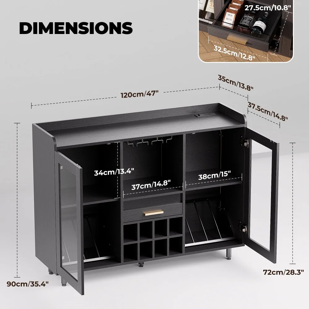 Wine Bar Cabinet Buffet Sideboard Cabinet with Wine Rack, Power Outlets, LED Light, Black