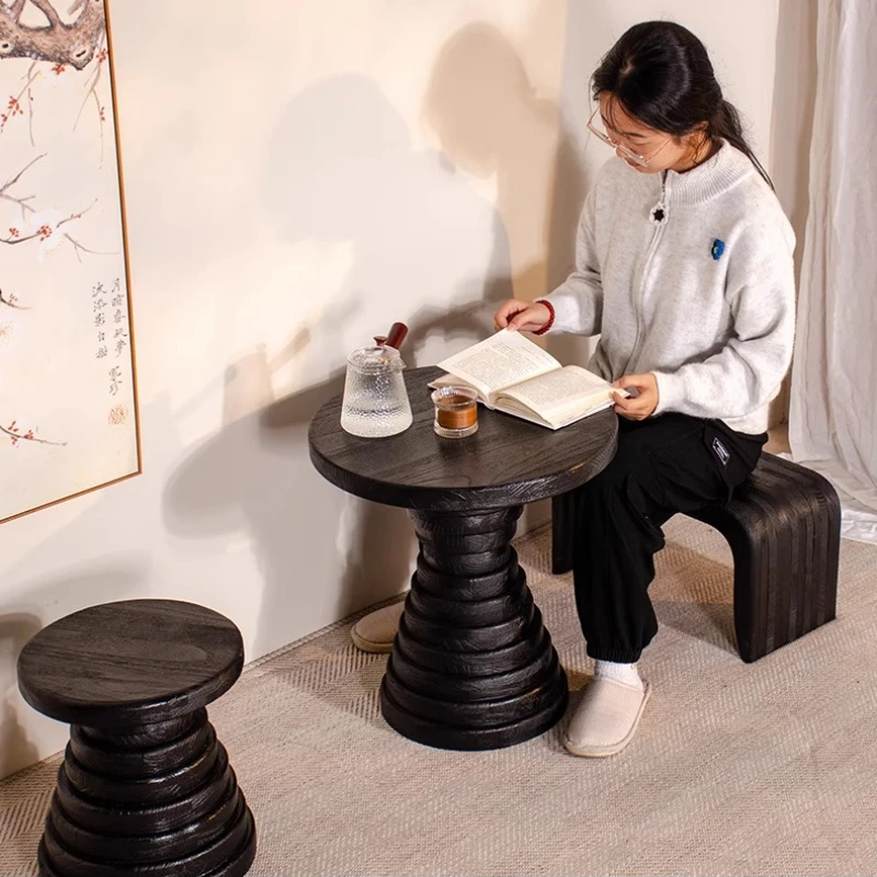 Black Round End Table Wabi-Sabi Nightstand for Living Room & Bedroom Minimalist Solid Wood Side