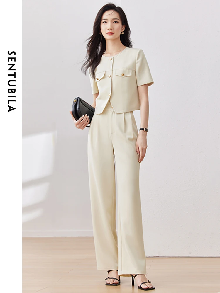 

SENTUBILA Office Business Elegant Dress Pant Set Women 2 Piece Outfits 2024 Summer Cropped Top Straight Long Pant Suit 132Z49950