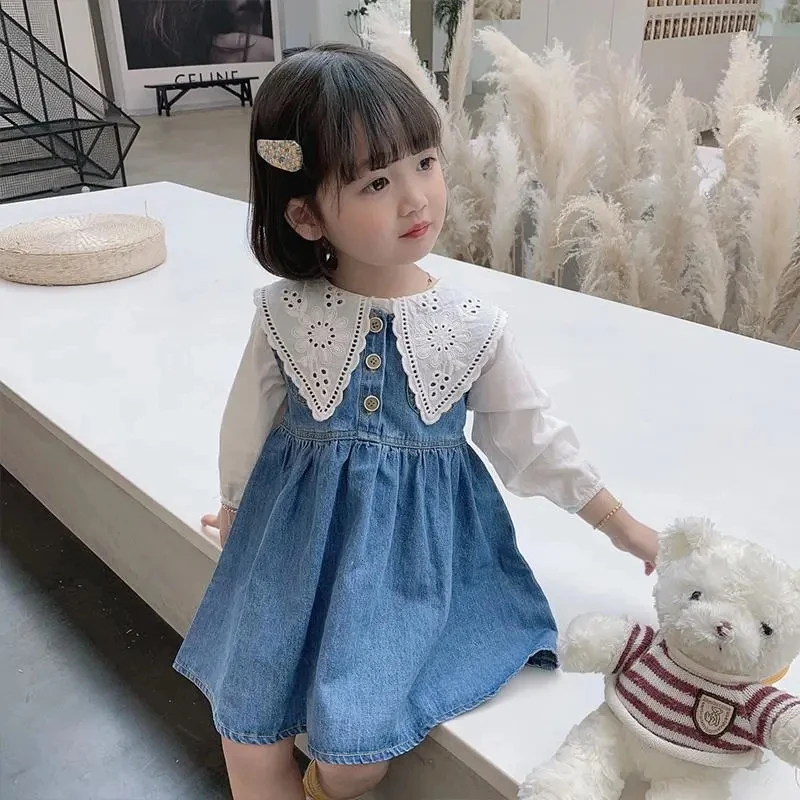 

Girls Baby Autumn Dress Set New Casual Suit Children's Denim Suspender Skirt Two Piece Set 2 4 6 7Y