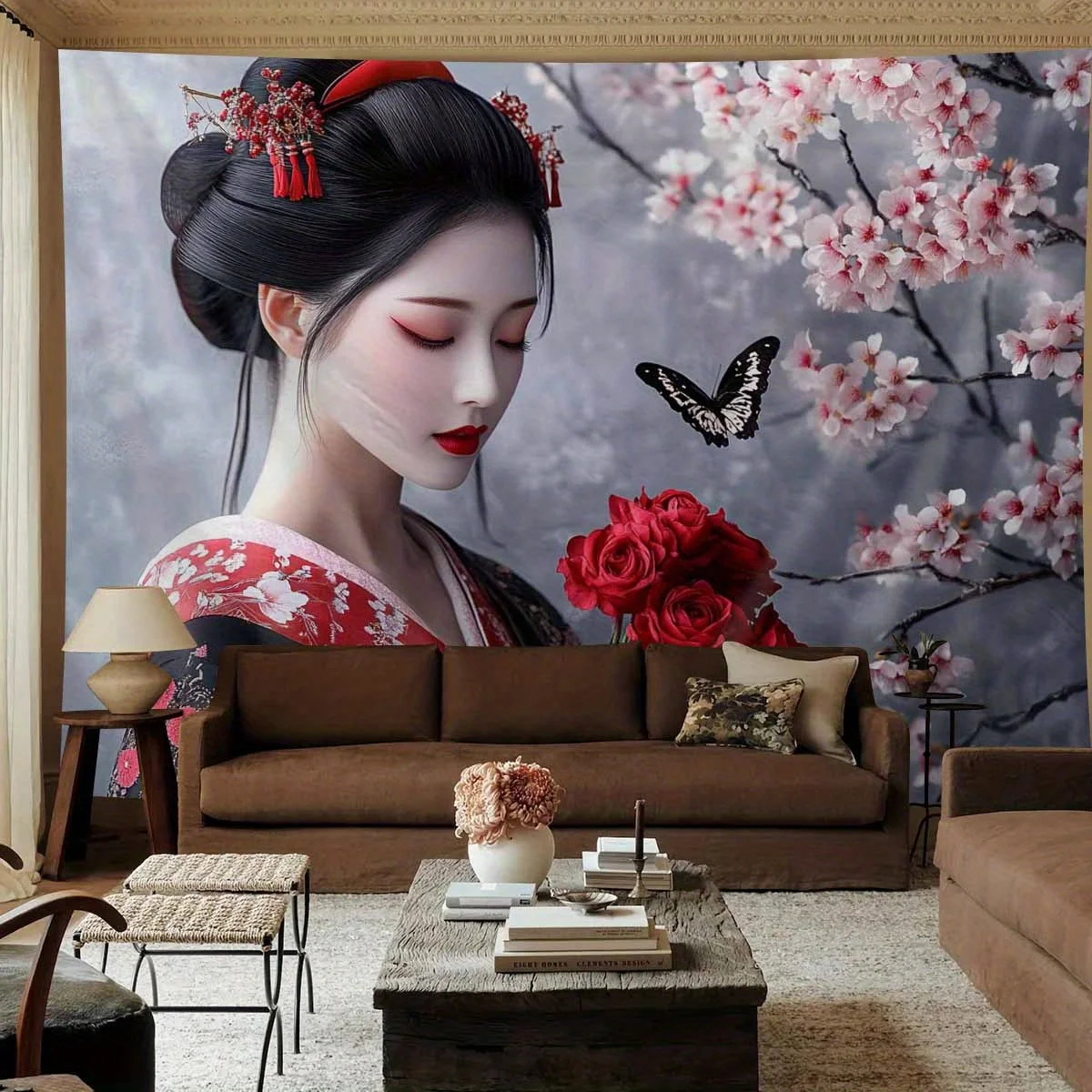 Geisha Woman Cherry Blossom Tapestry Japanese Kimono Art Butterfly Wall Hanging Eastern Decor Living Room Fabric Print