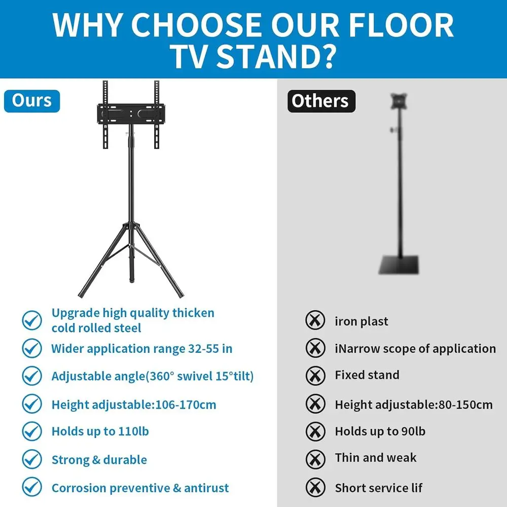 حامل ثلاثي القوائم للتلفزيون المحمول مع حامل أرضي لشاشة LCD LED المسطحة مقاس 32 إلى 55 بوصة #2