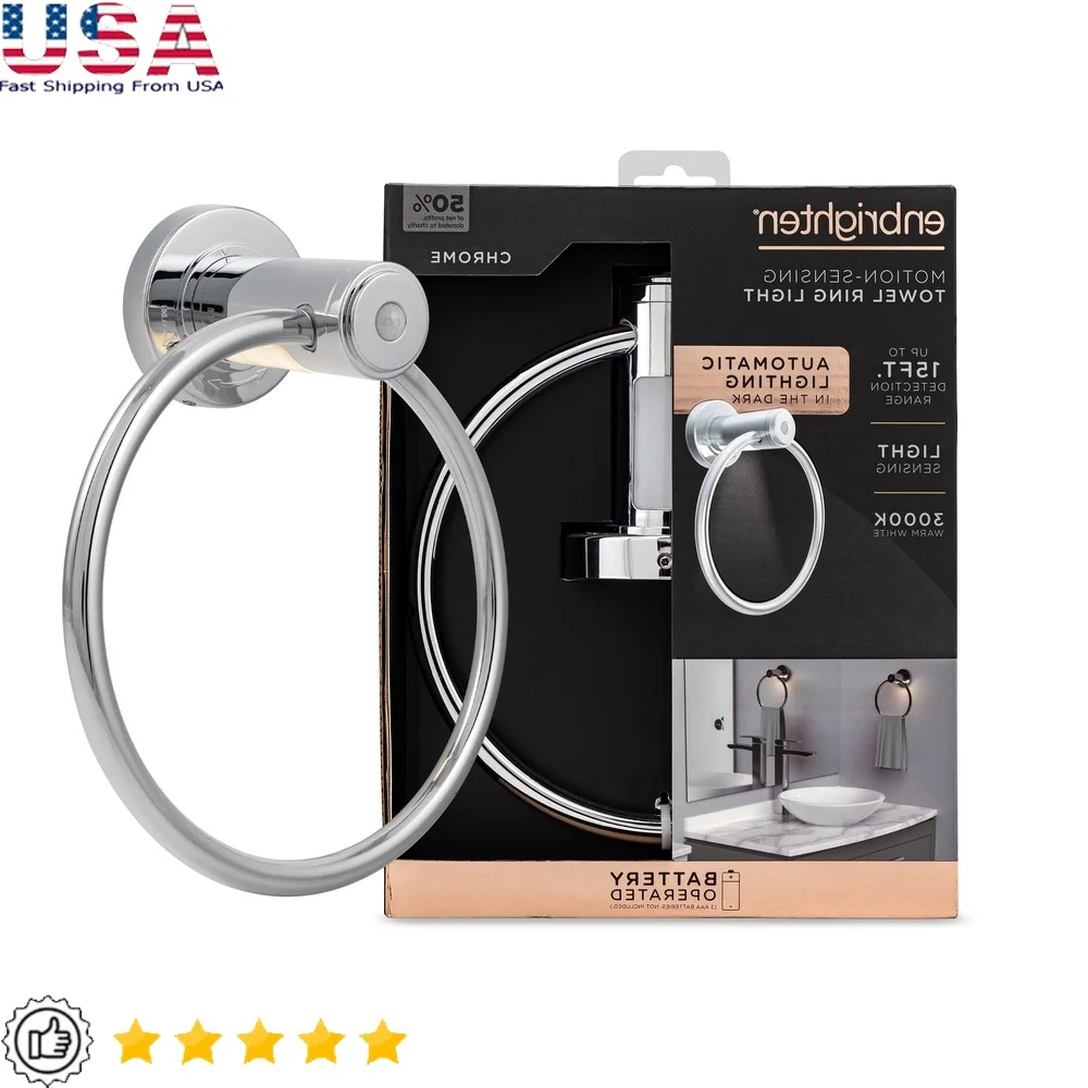 

Светодиодное кольцо для полотенец с датчиком движения на батарейках, хромированная отделка, простая установка, идеальная ванная комната, спа, тренажерный зал, офис, ресторан