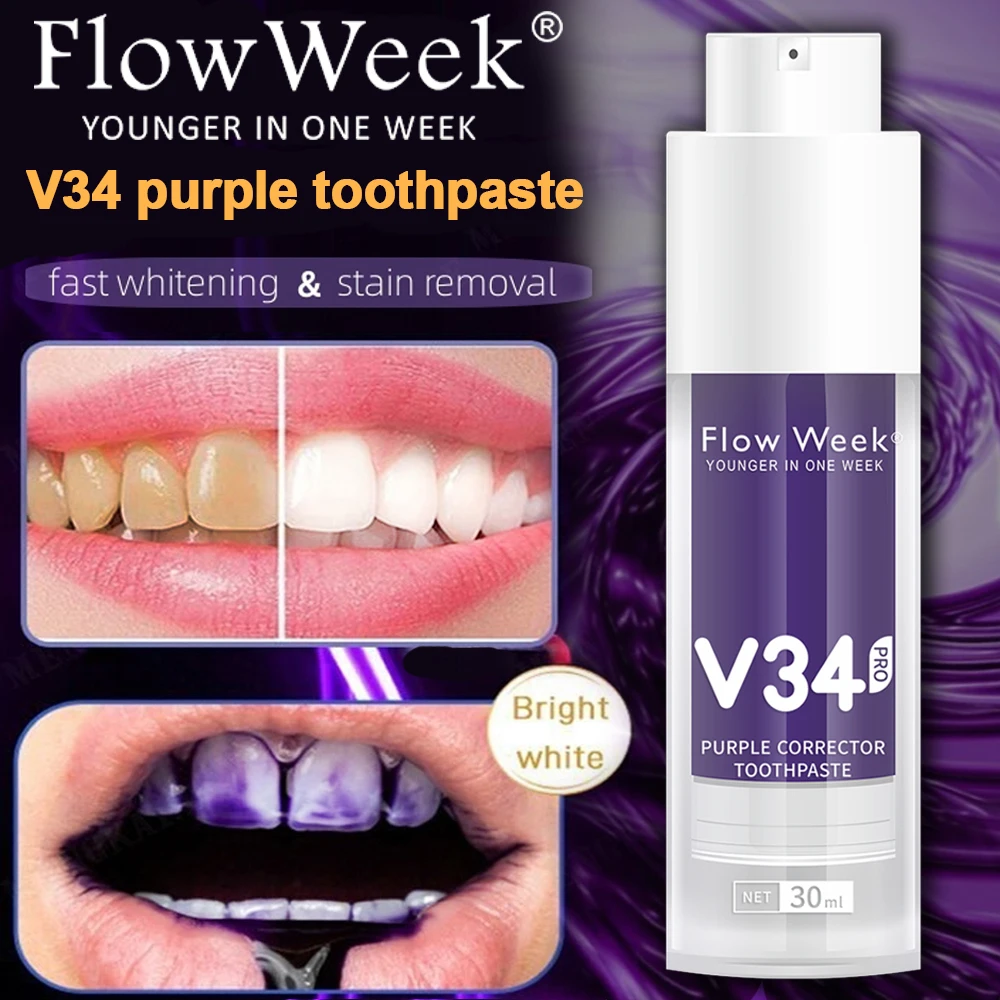 FlowWeek Smilekit V34 Purple Toothpaste Colour Corrector Teeth For Teeth Whitening Brightening Reduce Yellowing Cleaning Tooth