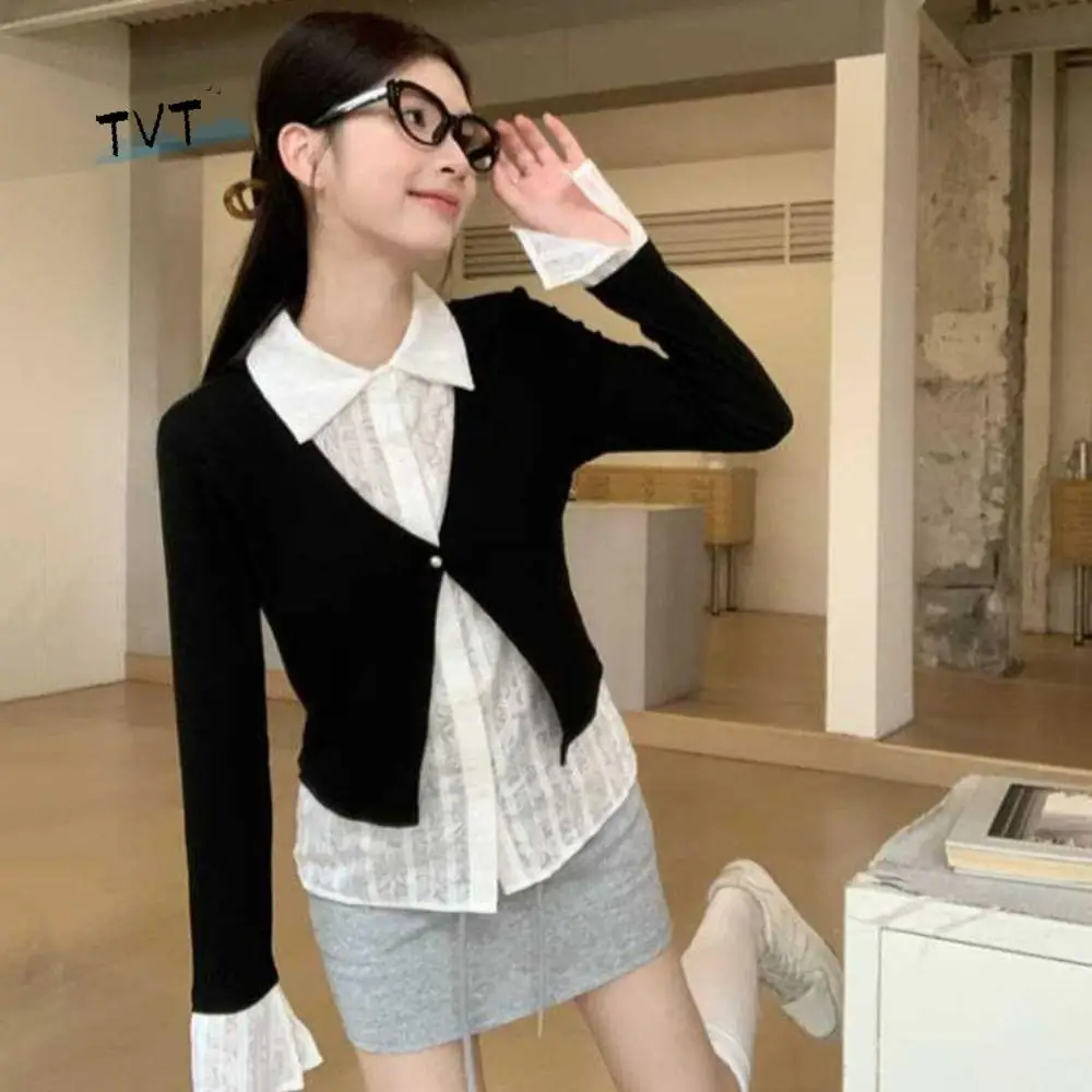 

Comfortable Slim Fit False Two-piece Top Flip Collar Sweet Lace Shirts Knitwear Cardigans Korean Style Knitted Top Women Female