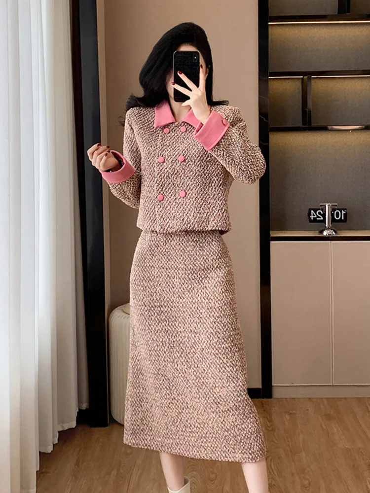 High Quality French Fashion Tweed 2 Piece Sets Women Korean Sweet Short Jacket Coat + Skirt Suits Ladies Two-piece Outfits