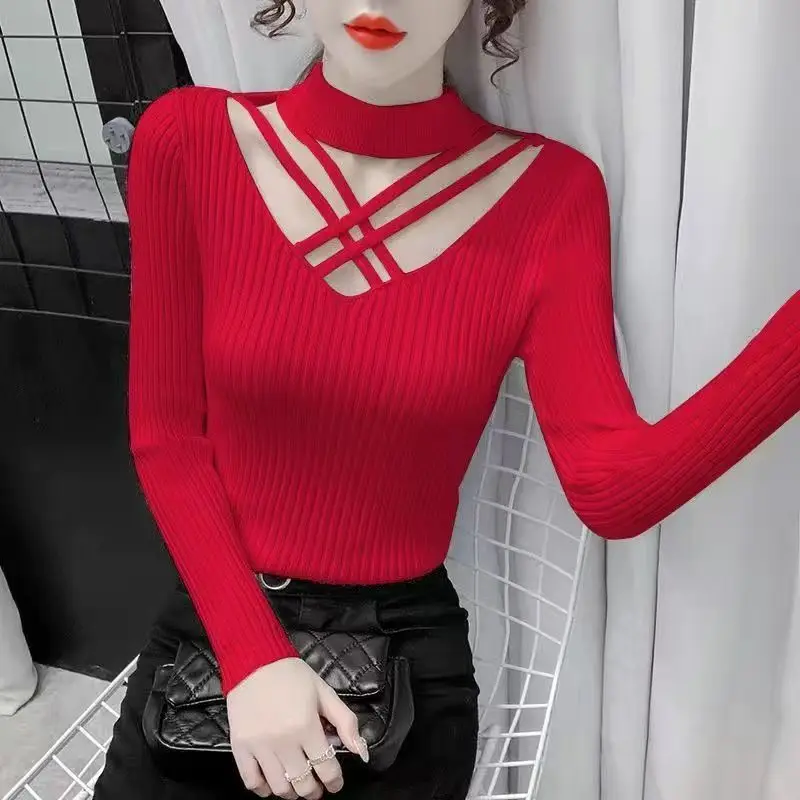 Sexy Hollow Out Careful Machine Tight Knit Sweater Top Round Neck Pure Desire Style Sweater Base Sweater Women's Inner Layer