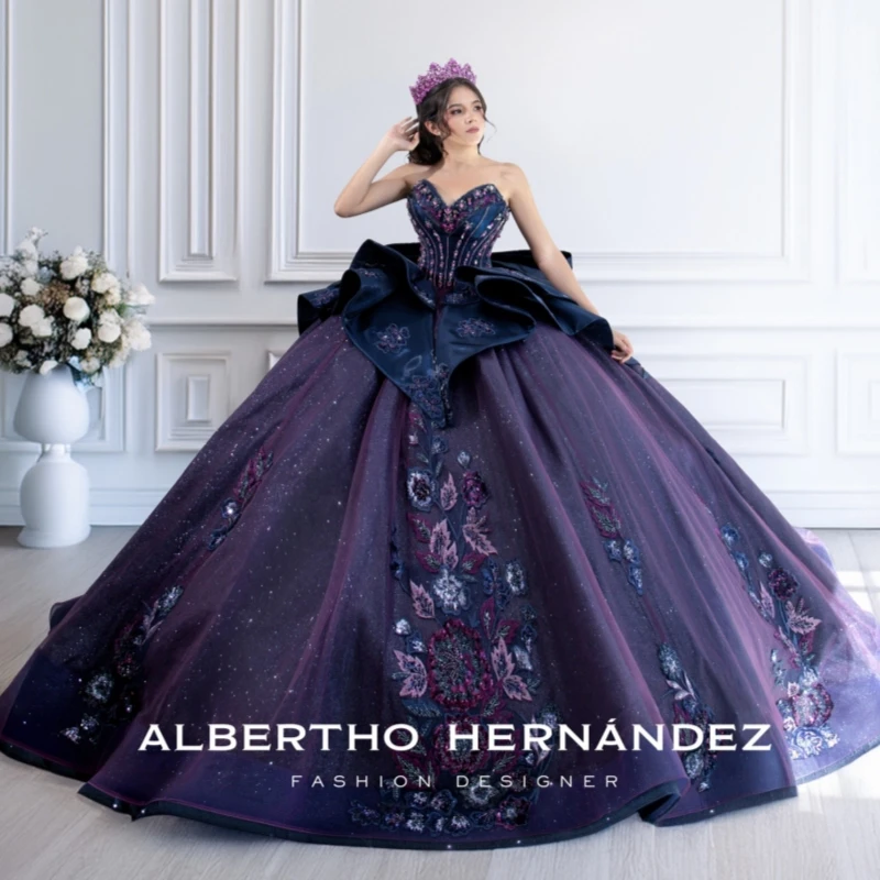 

Purple Shiny Ball Gown Quinceanera Dresses Sequin Applique Lace Beading Crystal Bow Tull Corset Off Shoulder Sweet 16 Dress Vest