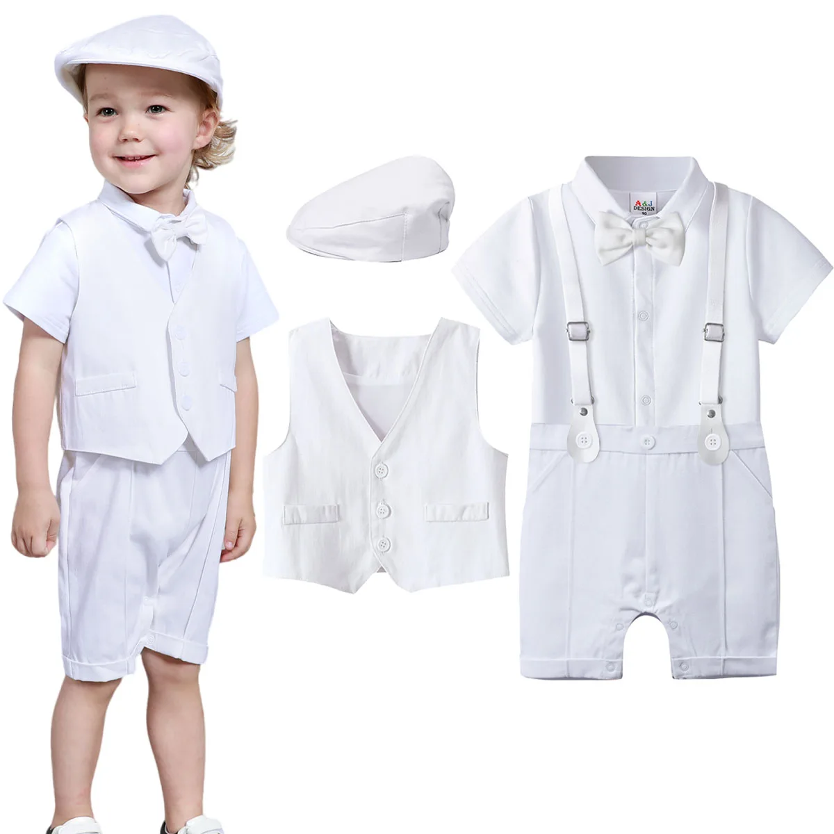 Baby Boys Baptism Outfit Infant Wedding Gentleman Set Christening Formal Birthday Party Suit Suspender Bow Tie Romper 3PCS