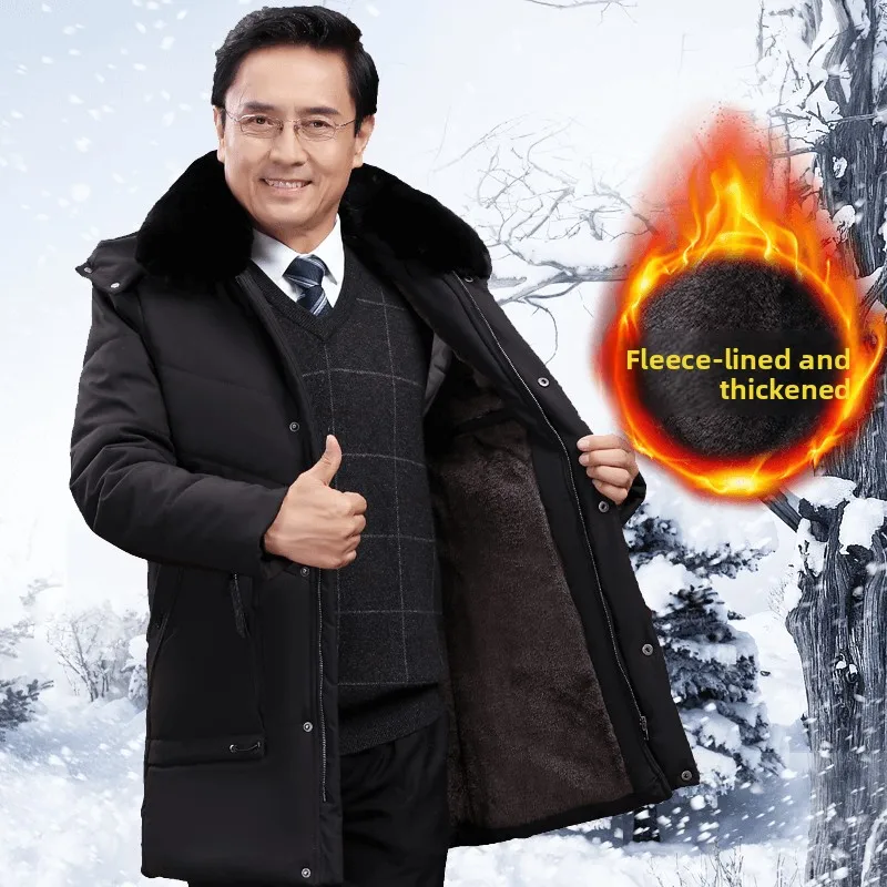

Thiened Long Cotton Jaet for Middle-Aged And ly Men Detachable Fur Collar Fce-Lined Winter Coat with Hat Dad Sle