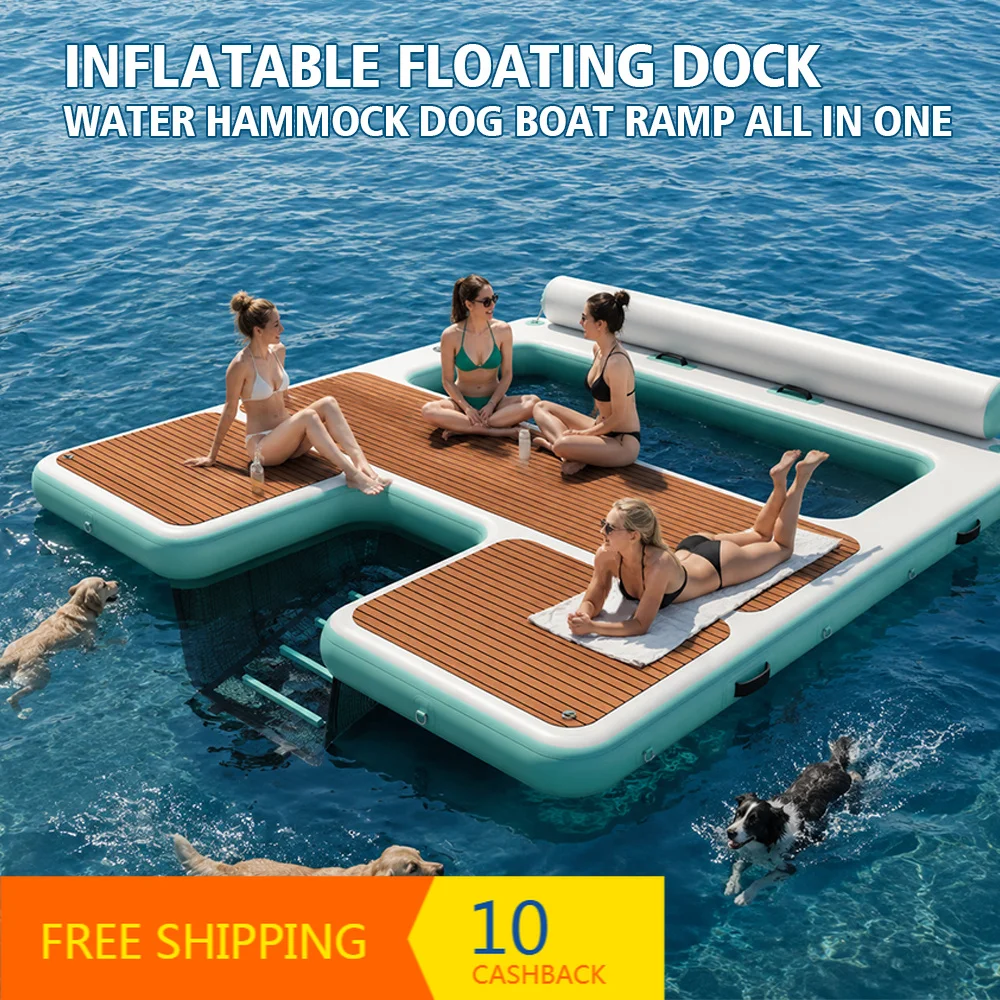6‑in‑1 Multifunctional Inflatable Floating Dock Platform With Water Hammock Dog Ramp Ladder Boat Float Outdoor Water Use