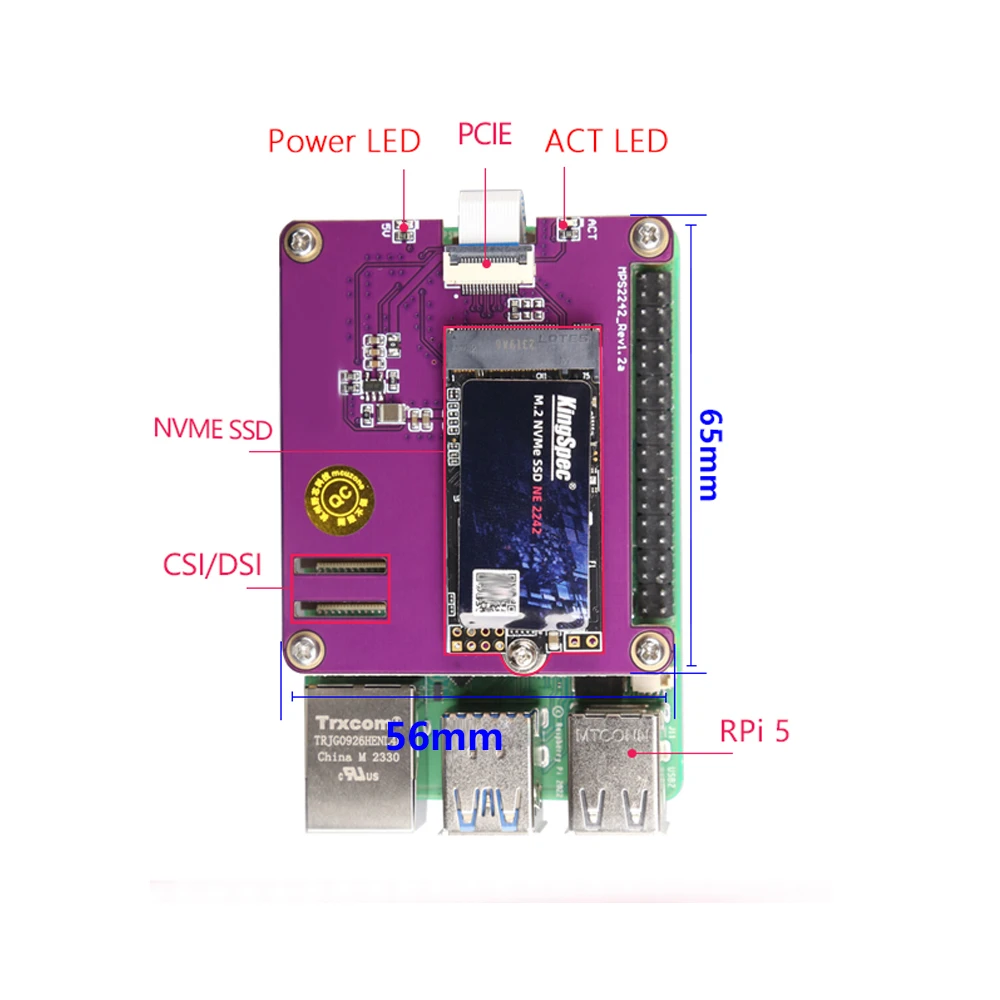 MPS2242 for Raspberry Pi 5 Expansion Board Dedicated PCIE M.2 NVME SSD Solid State Drive Board HAT 2242 2230 Cle X1