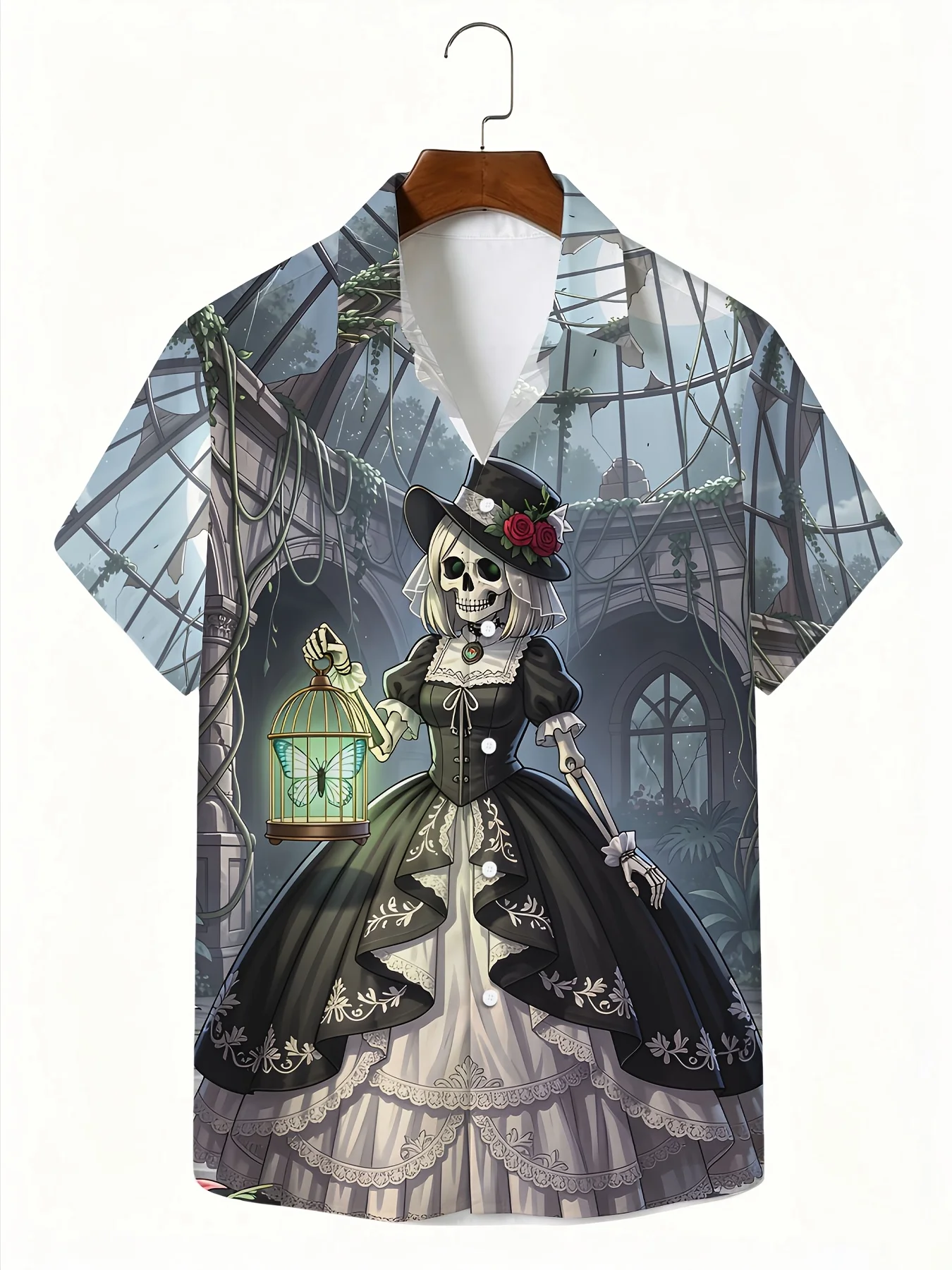 Unisex Camp Collar Shirt Gothic Skeleton Lady Rose Castle Print Short Sleeve Beach Button Casual Tops