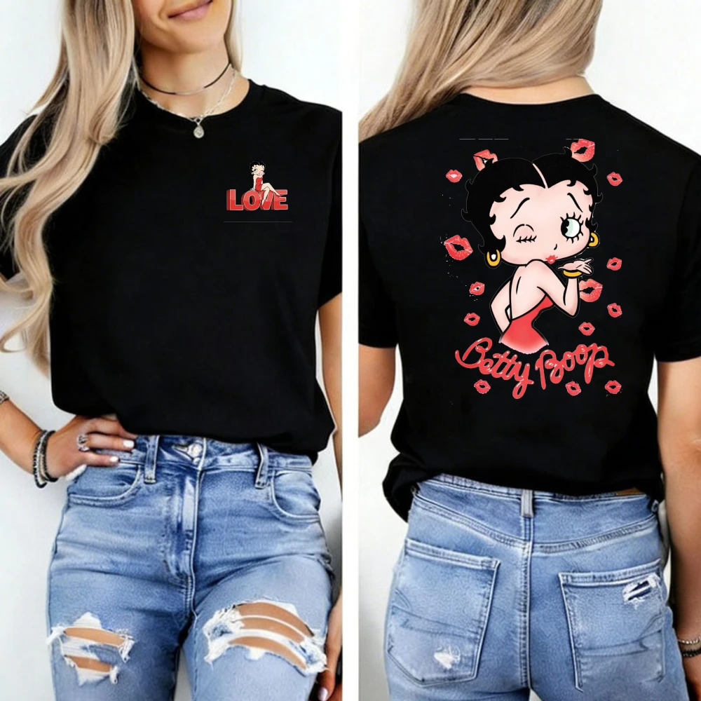 Camiseta de Mujer con Estampado de Beso de Betty Boop, Camiseta Informal de Manga Corta con Cuello Redondo, Camiseta Retro con Gráfico de Dibujos Animados, Top de Algodón para Uso Diario, Estilo Gótico