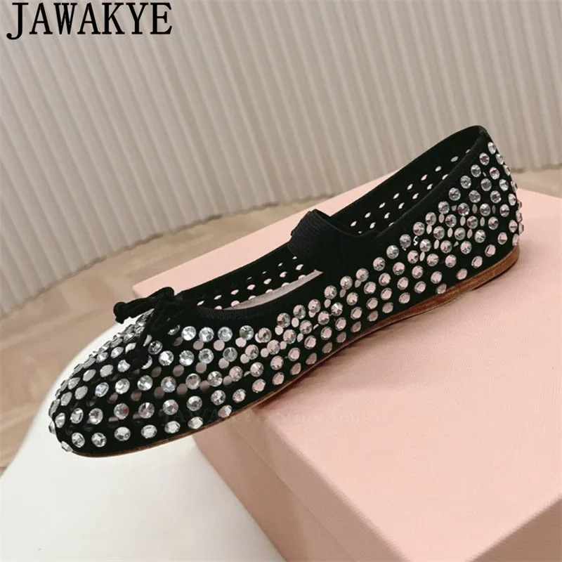 Top High quality Mesh Luxury Rhinestone Flat Shoes Woman Black Hollow Out Crystal Shoes Summer Ballet Dance Flats Shoes Woman