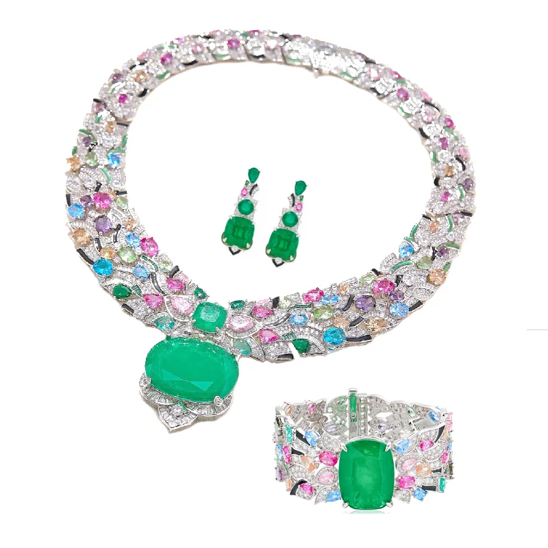 Designer Collection Style Earrings Bracelet Necklace Inlay Colored Cubic Zircon Synthetic Ruby Colorful Party Jewelry Sets WG